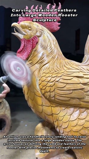 Carving Detailed Feathers Into Large Wooden Rooster Sculpture