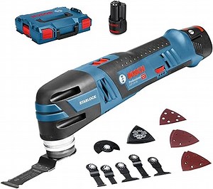Bosch Professional 12V System Akku Multi-Cutter GOP 12V-28 (Starlock-Werkzeugaufnahme, inkl. 3,0x Ah Akku + Schnellladegerät, 1xDeltaschleifplatte, 5xSchleifblätter, 3xTauchsägeblatt, in L-BOXX 136), 06018B5006