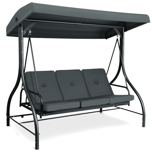 TLSUNNY Patio Swing with 45° Tilt Canopy & Removable Seat Cushion, Converting Heavy Duty 3-Person Glider Bed for Outdoor Lounging by Pool, in Yard