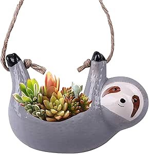 Angelland Hanging Planter for Indoor Outdoor Plants, Ceramic Sloth Flower Pot for Succulent Cactus Air Plant, Gardening Gifts for Women