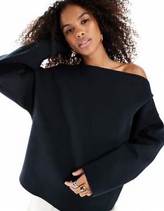 ASOS DESIGN scuba-style fabric slash neck long sleeve sweat in black | ASOS