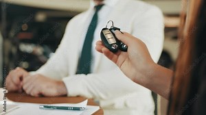 Closeup keys from new luxury auto. Competent car dealer sitting with buyers at desk, making contract and giving keys from new luxury auto. Unrecognizable Woman buying new vehicle at showroom