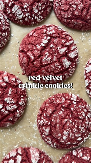red velvet crinkle cookies!!! using boxed cake mix to make these even easier to make and perfect for this time of year! All you need is: red velvet boxed cake mix, 2 eggs, 1/3 cup vegetable oil, and 1/2 cup powdered sugar Recipe: - add the cake mix to a bowl, add eggs and vegetable oil and mix until combined - pour the powdered sugar in a separate bowl to roll the cookies in - preheat oven to 350F - scoop out the dough, roll into balls, roll in the powdered sugar to fully coat and put on a parch