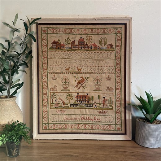 Vintage Sampler Embroidery | Large 22x18 Town Farmhouse Needlework | Primitive Folk Art Wall Hanging | Rustic Country Decor - Etsy