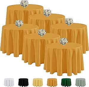 Fitable 6 Pack Gold Round Tablecloths - 120 Inches Round - Wrinkle and Stain Resistant Fabric Table Clothes, Washable Polyester Table Covers for Wedding Party Banquet Formal Events Fall Thanksgiving