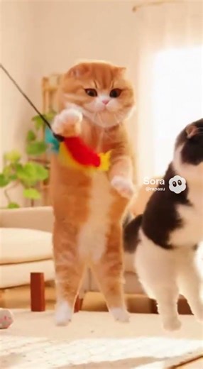 2匹で仲良く猫じゃらし遊び｜運動不足解消タイム