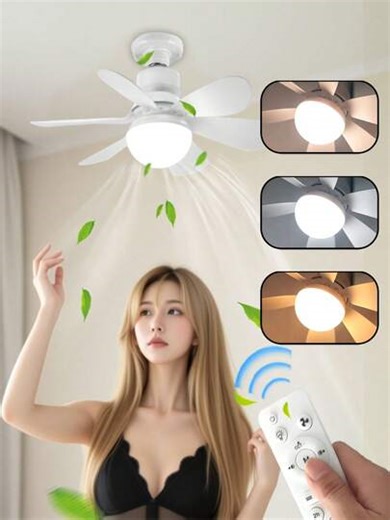 Ventilador de techo con luz LED de 16.53 pulgadas, 30W, casquillo E27, control remoto, 3 velocidades, temperatura de color ajustable (3000K-6500K), adecuado para iluminación interior en baño, cocina y habitaciones pequeñas, con cable de extensión | SHEIN