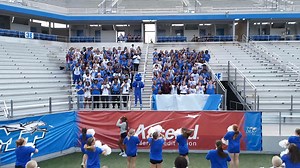 Blue Raider Football Head Coach Derek Mason welcomed MTSU Scholars Academy freshmen as they unfurled the MTSU Blue Zoo banner for the first time this year! Students please join the #MTSUBlueZoo in cheering our Blue Raiders on at the season opener Saturday, Aug. 31 at 6 p.m.! Let's go Blue! 💙⚡️ #trueBLUE #MTSU2028 #BLUEnited | Middle Tennessee State University (MTSU)