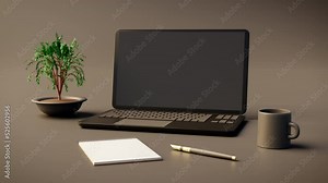 Copywriting tools to write persuasive seo texts for websites and journalism. 3d rendering of a zoom in of a desktop with laptop, notebook with pen and a cup of coffee.