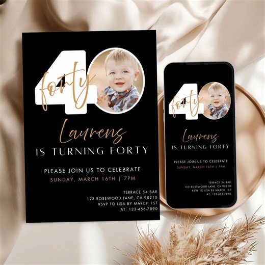 40th Birthday Invites Male, 40th Invitation With Photo, Black Gold 40th Birthday Invitation Template, Editable Birthday Party Invite for Him - Etsy