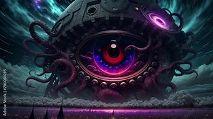 An alien monster with tentacles and a big eye. Futuristic cosmic animation with deep space, galaxy, and cityscape on planet. Animation with illustrations transformations. AI generated video