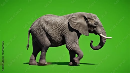 African Elephant Walking on Green Screen - An African elephant walks to the left on a green screen background, perfect for keying. The elephant's trunk hangs down, and its two tusks are visible.