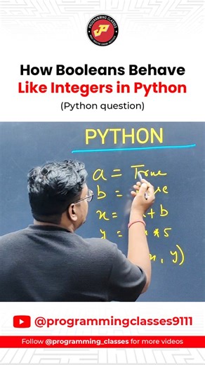Programming Classes on Instagram: "Python Interview Questions | How Booleans Behave Like Integers in Python | Programming Classes . . . Follow @programming_classes for more videos . . . . #python #datatypeinc #booleansinpython #coding #programming #webdevelopment #clanguage #javascriptcode #codingcommunity #datatypes #fyd #reelkarofeelkro #reelinstagram #instareel #programmingclasses #mukeshsir"