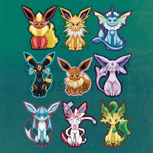 Eeveelutions Waterproof Pokemon Sticker Set: Eevee, Jolteon, Flareon, Vaporeon, Umbreon, Espeon, Glaceon, Leafeon, Sylveon - Etsy