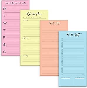 S&O Set of 4 Essential Refrigerator Notepads with Magnet - Grocery Schedule Holder Pad for Fridge - Weekly Magnetic To Do List for Adhesive - Cling Notebook Meal Planner - Attractive Shopping List Pad