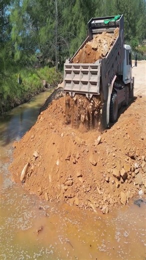 EP459 Best Skills Komatsu D53A Dozer Pushing Stone Into Water & 5T Trucks Dumping