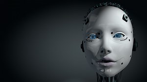 Front view of female humanoid robot head with glowing white skin talking while moving lips, eyes, blinking and light on her head turning on and off against dark background. Loop sequence. 3D Animation