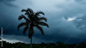 An isolated palm tree standing tall against a backdrop of dark foreboding storm clouds.