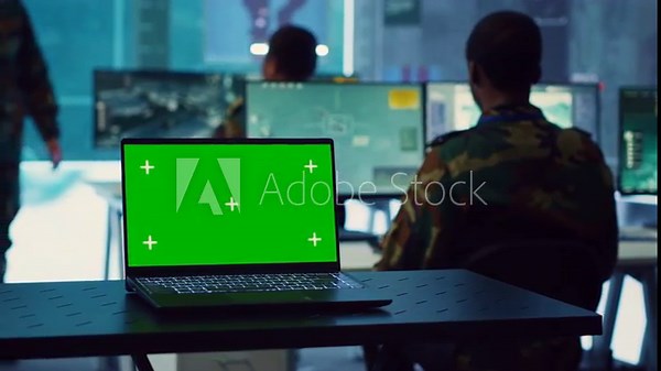 Greenscreen running on a laptop in military base command center, team of army officers monitoring coast line activity to ensure national safety. Soldiers detecting suspicious vessels. Camera A.