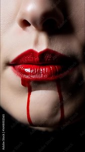 Close up of glossy red vampire lips with sharp fangs and blood dripping after bite, sensual and eerie Halloween detail shot in dark gothic horror atmosphere