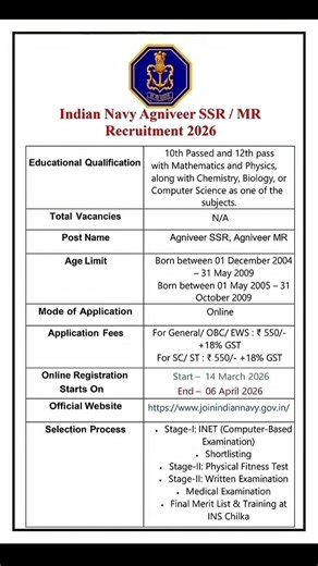 Indian Navy Agniveer SSR/MR Recruitment 2026 | New Vacancy 2026