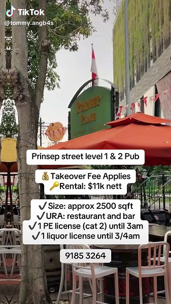 Prinsep street level 1 & 2 Pub 💰Takeover Fee Applies 🔑Rental: $11k nett ✔️Size: approx 2500 sqft ✔️URA: restaurant and bar ✔️1 PE license (cat 2) until 3am ✔️1 liquor license until 3/4am