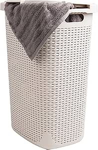 Mind Reader Slim Laundry Hamper with Lid, 60L Tall Clothes Basket, Narrow Tapered Design for Bathrooms, Closets and Laundry Rooms, Plastic, Ivory