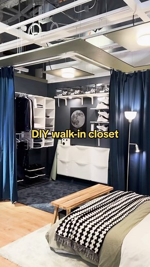 IKEA USA on Instagram: "No walk-in, no problem. Create a quick, easy walk-in closet using the affordable VIDGA curtain track system! It’s the perfect DIY solution since you can modify the rails to match your space. Just twist and click for endless possibilities! #DIY #closet #storage"