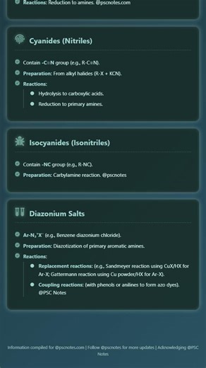 Nitrogen Containing Organic Compounds: Amines, nitro compounds, cyanides, isocyanides, diazoniu...