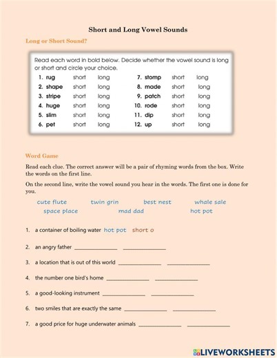 Short and Long Vowel Sounds online exercise