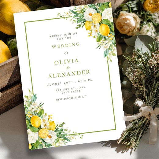 Italian Summer Citrus Wedding Invitation Template, Lemon Eucalyptus Invite, Amalfi Coast Wedding, Mediterranean Floral Printable | Editable - Etsy