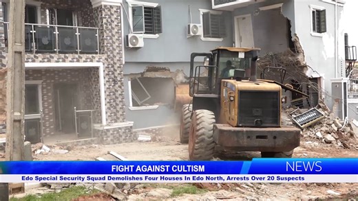 FIGHT AGAINST CULTISM: Edo Special Security Squad Demolishes Four Houses In Edo North, Arrests Over 20 Suspects. Edo State Special Security Squad, codenamed Operation Flush Out Cultists and Kidnappers, has commenced mass demolition of properties linked to suspected cultists in Etsako West Local Government Area of Edo State. Over twenty suspects were arrested during the operations, with four houses demolished, including a building located on Egbiadokhai Street, behind Otaru Primary School in Auch