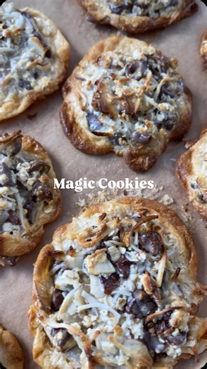 Magic cookies 🍪 Ingredients * 1 cup quick oats * 1 cup (60g) shredded coconut * 70g slivered almonds * 1 cup (150g) dark chocolate bites * 1 can (400g) sweetened condensed milk Instructions 1. Preheat the oven to 180°C fan bake and line two trays with baking paper. 2. In a large bowl, combine all of the dry ingredients. Pour over the condensed milk and mix well. 3. Use a cookie scoop or spoon to form balls of dough (about 2–3 tablespoons each). Place them onto the prepared trays. Press in any b