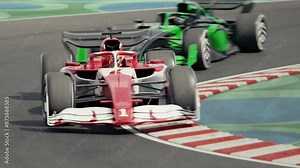 Camera zooms in and follows the leading race car driving around curve. Formula one racing. Dynamic tracking shot. Multiple race cars. High quality 3d animation