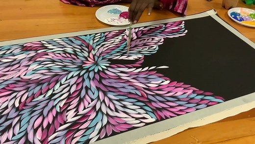 Caroline Numina painting Bush Medicine Leaves. Enjoy 💕 #carolinenumina #numinasisters #bushmedicineleaves #aboriginalart #livepainting #pink Art available at www.raintreeart.com.au | Raintree Art