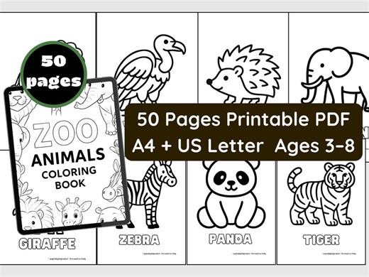 Zoo Animals Coloring Book | 50 Pages Printable PDF for Kids Ages 3-8 - Etsy
