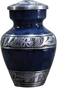 eSplanade Mini Cremation Urn Keepsake Memorial Jar Pot Container | Small Urn for Funeral Ashes Burial | Engraved Metal Keepsake | Navy Blue - 4.5" Inches