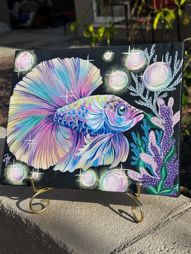 9x7 Inch Rainbow Betta Acrylic Painting-black Canvas Tropical Home Decor - Etsy