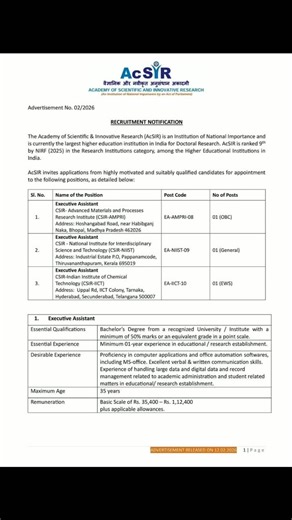 📢 Job Alert: Executive Assistant Positions at AcSIR! 📢 The Academy of Scientific & Innovative Research (AcSIR), an Institution of National Importance, is inviting applications for Executive Assistant roles across three major CSIR institutes . If you have a background in administration within educational or research sectors, this is a fantastic opportunity to join India’s largest doctoral research institution! 📍 Available Locations & Openings: Bhopal, MP: CSIR-AMPRI (1 OBC post) Thiruvananthap