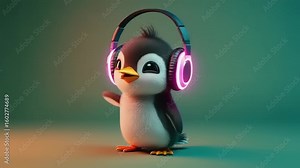 Playful cartoon penguin with glowing headphones. Standing on a surface, background is gradient color Stock Video