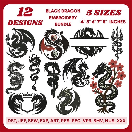 Black Dragon Machine Embroidery Designs Bundle Chinese Oriental Dragon Embroidery Files Mystic Dragon PES DST & Other Formats (5 Sizes) - Etsy