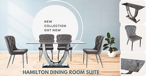 2K views · 17 reactions | Experience the epitome of glamour with our exquisite Hamilton dining room suite. The table features a luxurious black marble glass top supported by a statement stainless steel centre post and base, complemented by plush buttoned velvet grey fabric chairs with metal-chrome legs. Rectangular table seats 4-6 people. Explore the collection: https://bit.ly/49Zo3qH #HamiltonCollection #BlackMarble #DiningTable | Tafelberg Furnishers | Facebook