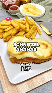 Keine Zeit, aber Hunger? 😩 Dieses Ananas Schnitzel mit Pommes ist deine Rettung! 🍽🍍 👉 https://www.einfach-tasty.de/rezepte/schnelles-rezept-schnitzel-hawaii-mit-schinken-ananas-und-kaese-pommes-einfach-92088756.html | Einfach Tasty