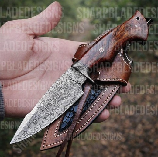 12''personalized Handmade Damascus Steel Bowie Knife, Wood Handle, Camping and Hunting Knife With Cover - Etsy