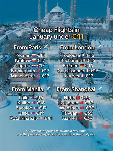 January is the perfect time to getaway, with the post-holiday calm creating peaceful sights and amazing flight deals. Embrace the adventure with affordable tickets that make spontaneous trips a breeze! 🌍✨ ✈️Find cheap flights under €41 at the link in bio. 📸butnomatter.theroadislife, sunny_rung, damda.4me, voyage_provocateur, gmarcod91 #tripcom #travelbucketlist#traveltiktok#fyp#cheapflights