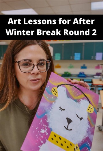 Here is another round of lessons for after winter break and where to find the resources! 👇 This is not what we are doing this coming rotation of lessons (see my first round of after break lessons reel), but it’s my plan for after that…maybe ish 🤪 ❤️Kindergarten will eventually make their way to these northern lights polar bears. I have steps for this in my Winter Art Making Guides, but I have a full lesson with standards, slideshow, etc. in my Kindergarten curriculum pack. 🧡I have done these 