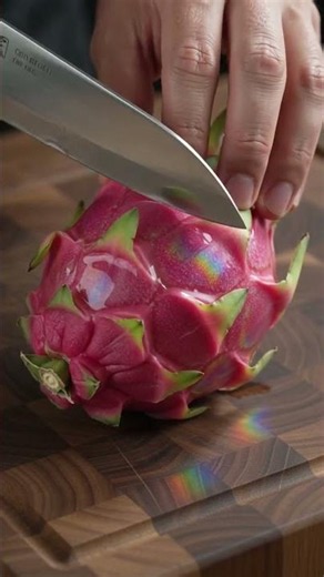 A cinematic close-up shows a chef slicing a translucent pink glass dragon fruit on a darkwoodenboard