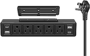 40W Under Desk Power Strip Mountable,20W USB-C Fast Charging Flat Plug Power Strip Surge Protector 1200J,9 in 1 Desk Outlet,5 Outlets,2 USB-C,2 USB-A,6FT Extension Cord Black