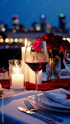 Romantic dinner setting with wine glass. Elegant table displayed with candles and roses. Evening atmosphere brings warmth and intimacy. Perfect for celebrations and date nights.