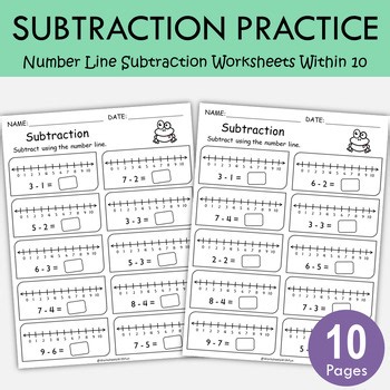 Subtraction Within 10 Worksheets with Number Line Practice, T-374